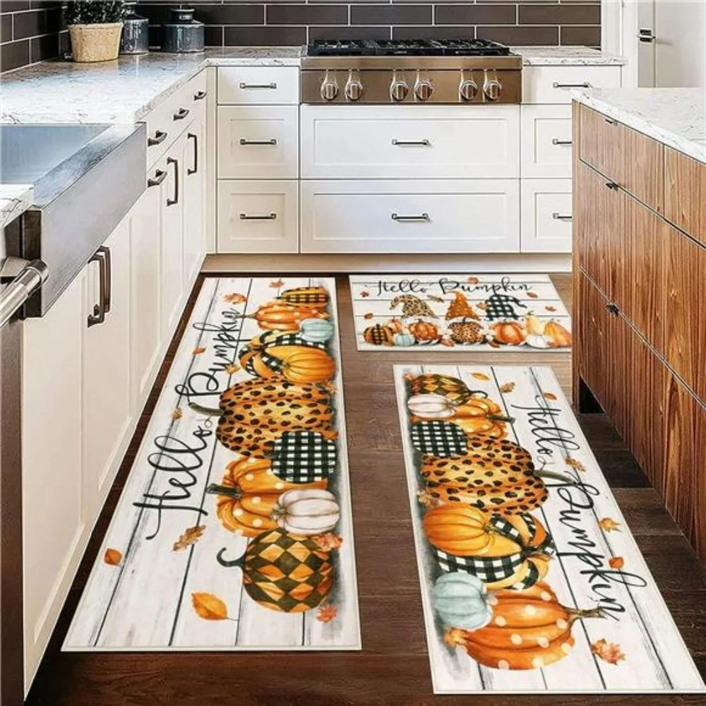 Fall Kitchen Rugs Sets of 3 Piece Leopard Pumpkins Floor Mats Non Skid Washable
